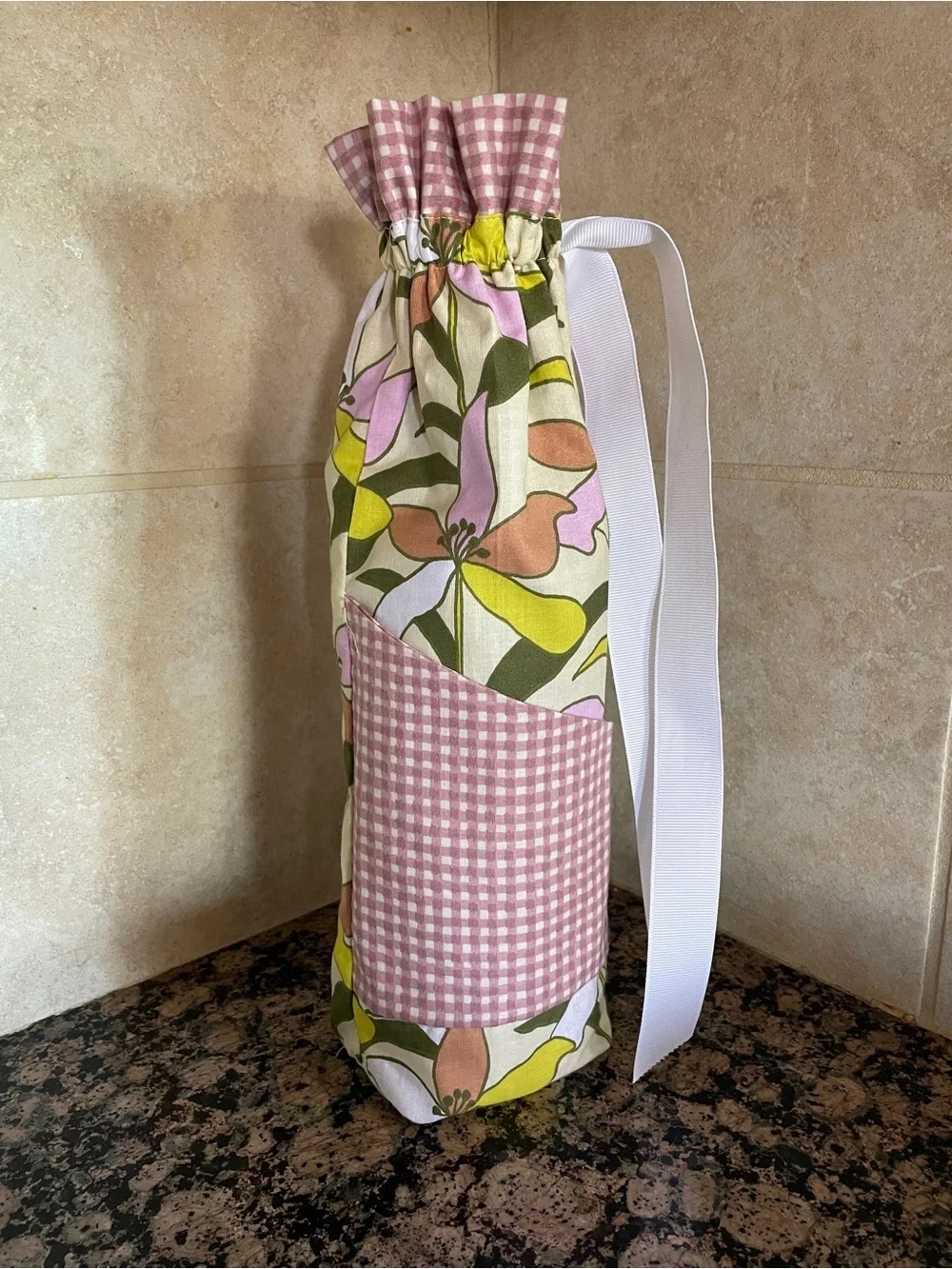 Handmade Wine Bottle Bag & Matching Bowl Cozy Set | Cottagecore Floral Gift